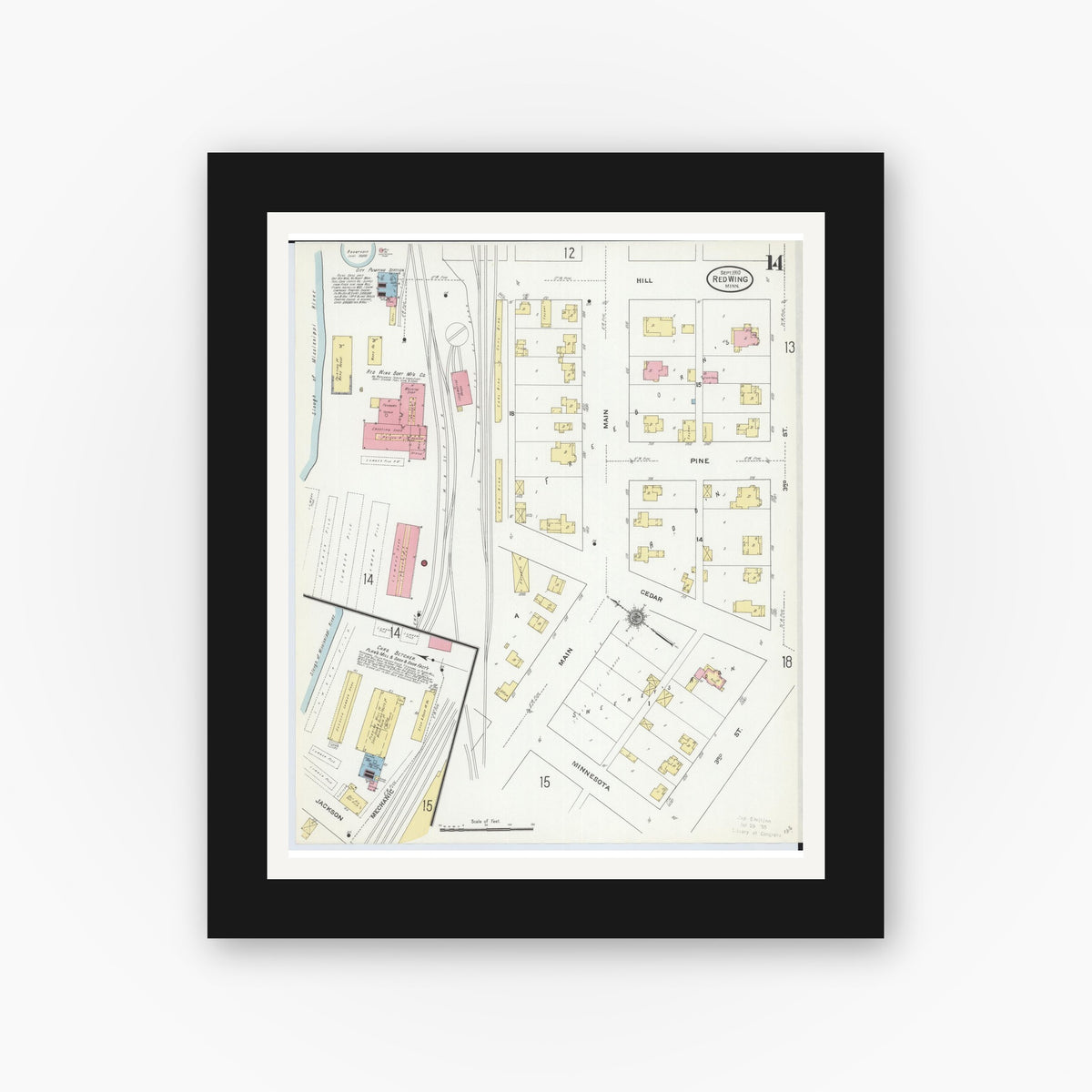 Old map wall art mockup — black gallery frame with white mat — Sanborn Fire Insurance Map from Red Wing, Goodhue County, Minnesota (1910), Sheet #0014