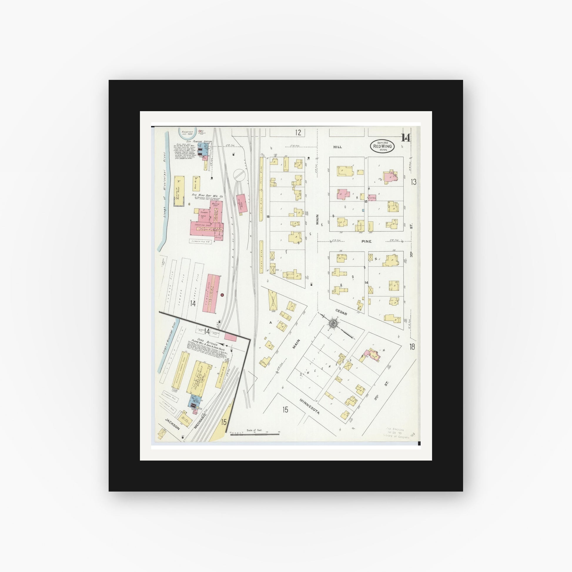 Old map wall art mockup — black gallery frame with white mat — Sanborn Fire Insurance Map from Red Wing, Goodhue County, Minnesota (1910), Sheet #0014