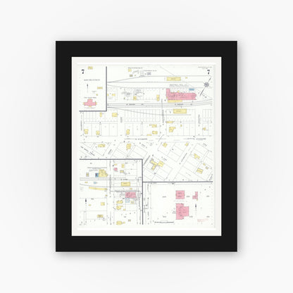Old map wall art mockup — black gallery frame with white mat — Sanborn Fire Insurance Map from Harrisonville, Cass County, Missouri (1931), Sheet #0007