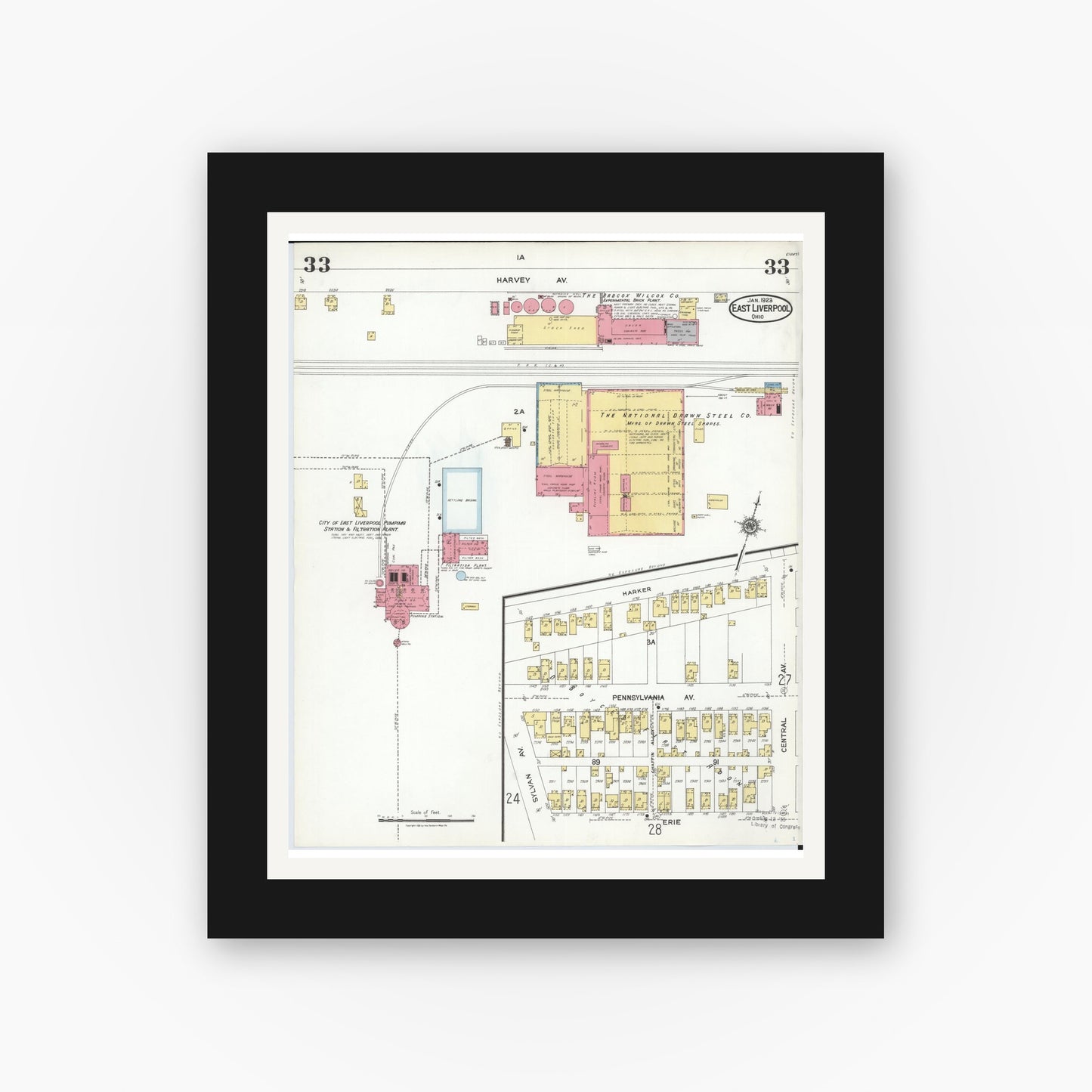 Old map wall art mockup — black gallery frame with white mat — Sanborn Fire Insurance Map from East Liverpool, Columbiana County, Ohio (1923), Sheet #0033