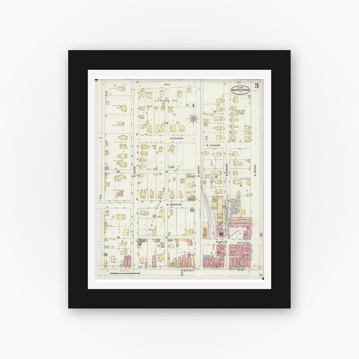 Old map wall art mockup — black gallery frame with white mat — Sanborn Fire Insurance Map from Murphysboro, Jackson County, Illinois (1897), Sheet #0003