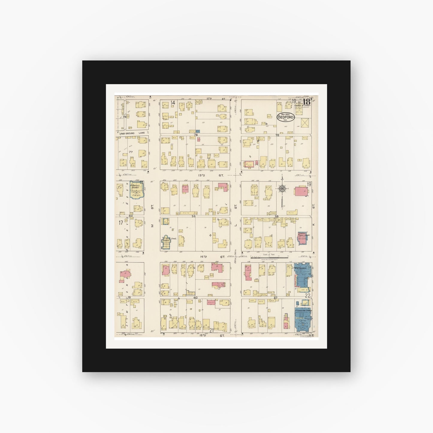 Old map wall art mockup — black gallery frame with white mat — Sanborn Fire Insurance Map from Bedford, Lawrence County, Indiana (1922), Sheet #0018