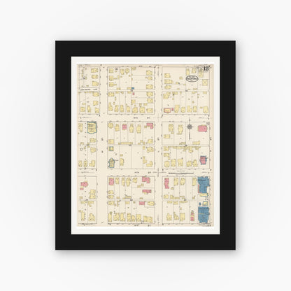 Old map wall art mockup — black gallery frame with white mat — Sanborn Fire Insurance Map from Bedford, Lawrence County, Indiana (1922), Sheet #0018