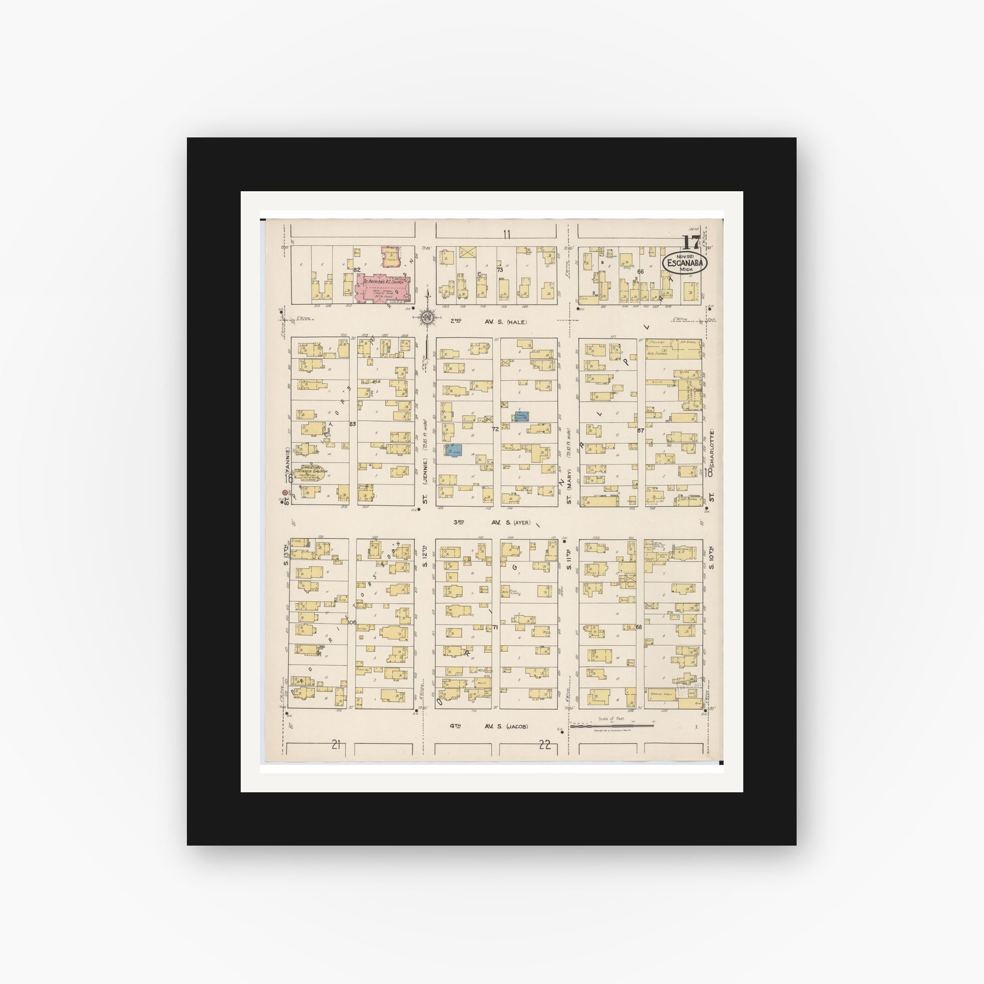 Old map wall art mockup — black gallery frame with white mat — Sanborn Fire Insurance Map from Escanaba, Delta County, Michigan (1921), Sheet #0017