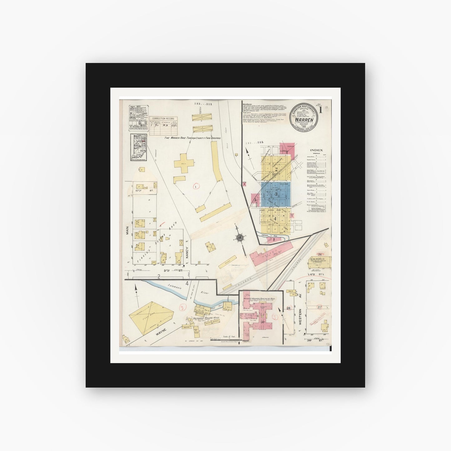 Old map wall art mockup — black gallery frame with white mat — Sanborn Fire Insurance Map from Warren, Huntington County, Indiana (1932) - Complete Map Set