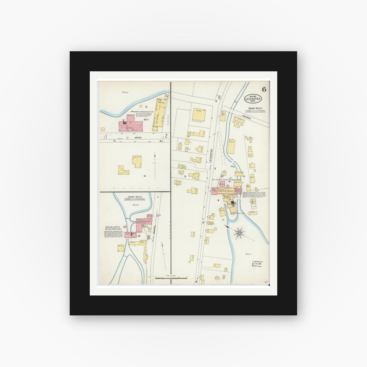 Old map wall art mockup — black gallery frame with white mat — Sanborn Fire Insurance Map from Leicester, Worcester County, Massachusetts (1904), Sheet #0006
