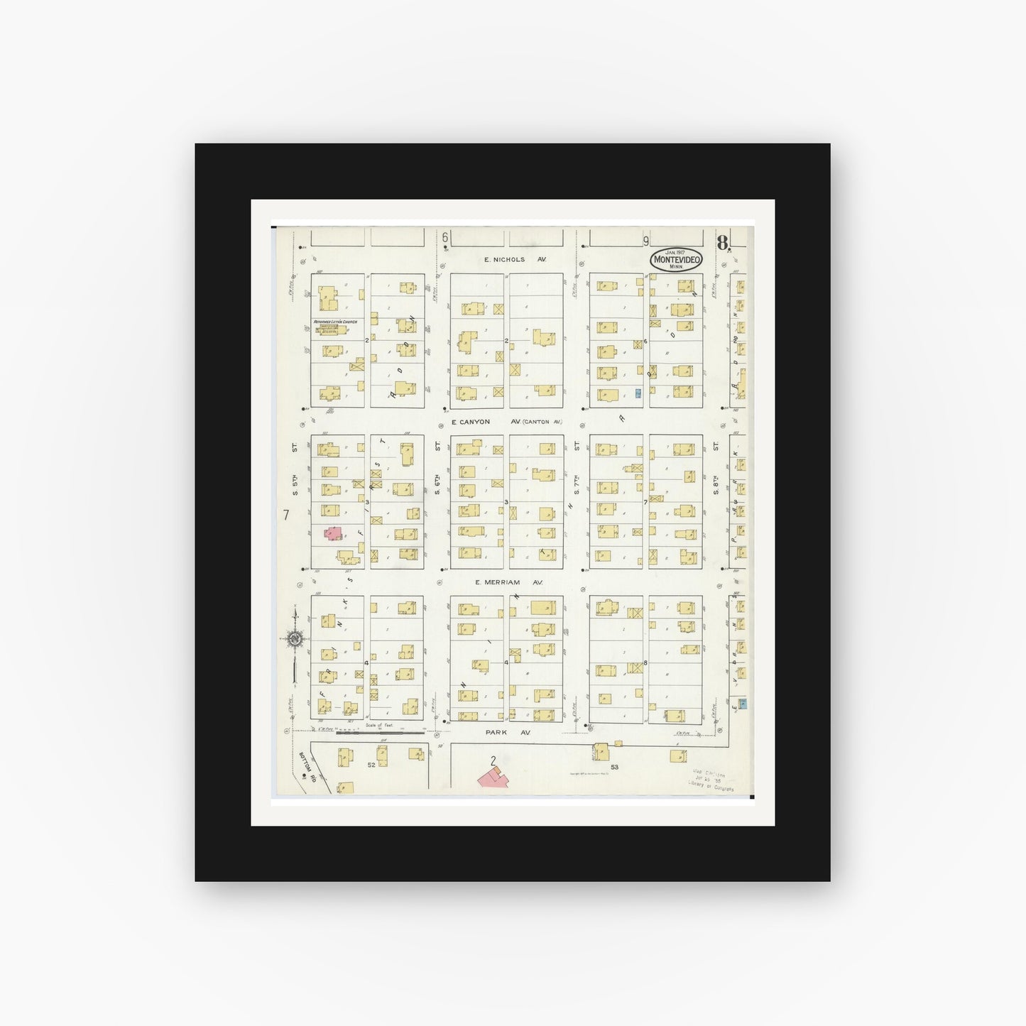Old map wall art mockup — black gallery frame with white mat — Sanborn Fire Insurance Map from Montevideo, Chippewa County, Minnesota (1917), Sheet #0008