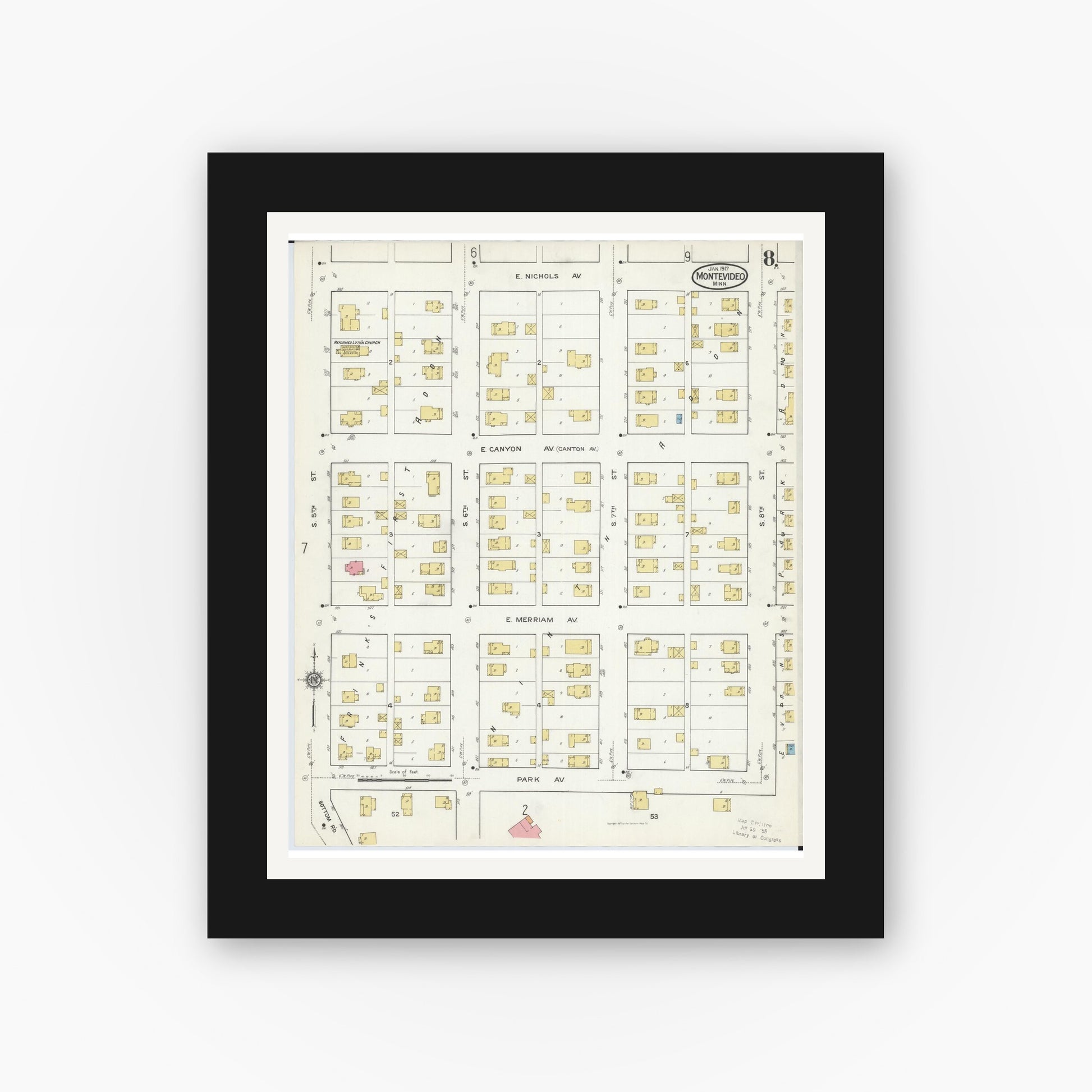 Old map wall art mockup — black gallery frame with white mat — Sanborn Fire Insurance Map from Montevideo, Chippewa County, Minnesota (1917), Sheet #0008