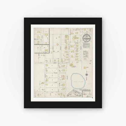 Old map wall art mockup — black gallery frame with white mat — Sanborn Fire Insurance Map from Cassadaga, Volusia County, Florida (1915), Sheet #0001