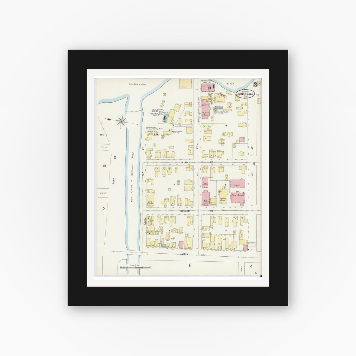 Old map wall art mockup — black gallery frame with white mat — Sanborn Fire Insurance Map from Honesdale, Wayne County, Pennsylvania (1897), Sheet #0003