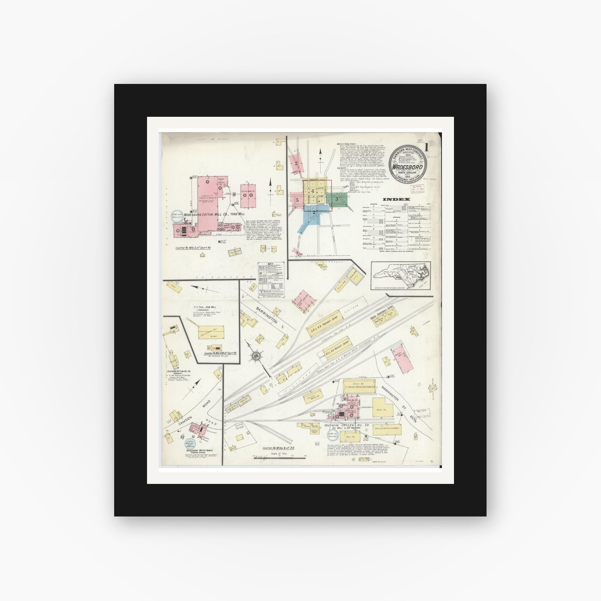Old map wall art mockup — black gallery frame with white mat — Sanborn Fire Insurance Map from Wadesboro, Anson County, North Carolina (1914) - Complete Map Set