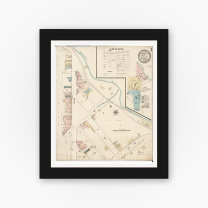 Old map wall art mockup — black gallery frame with white mat — Sanborn Fire Insurance Map from McGregor, Clayton County, Iowa (1886), Sheet #0001