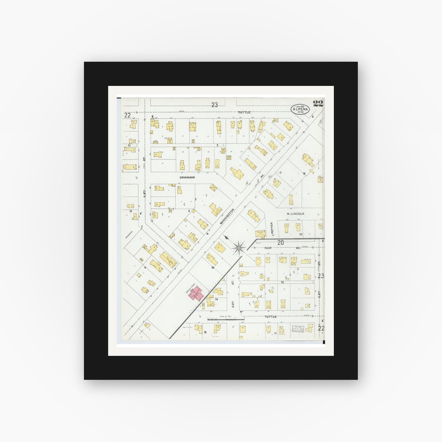 Old map wall art mockup — black gallery frame with white mat — Sanborn Fire Insurance Map from Alpena, Alpena County, Michigan (1901), Sheet #0022