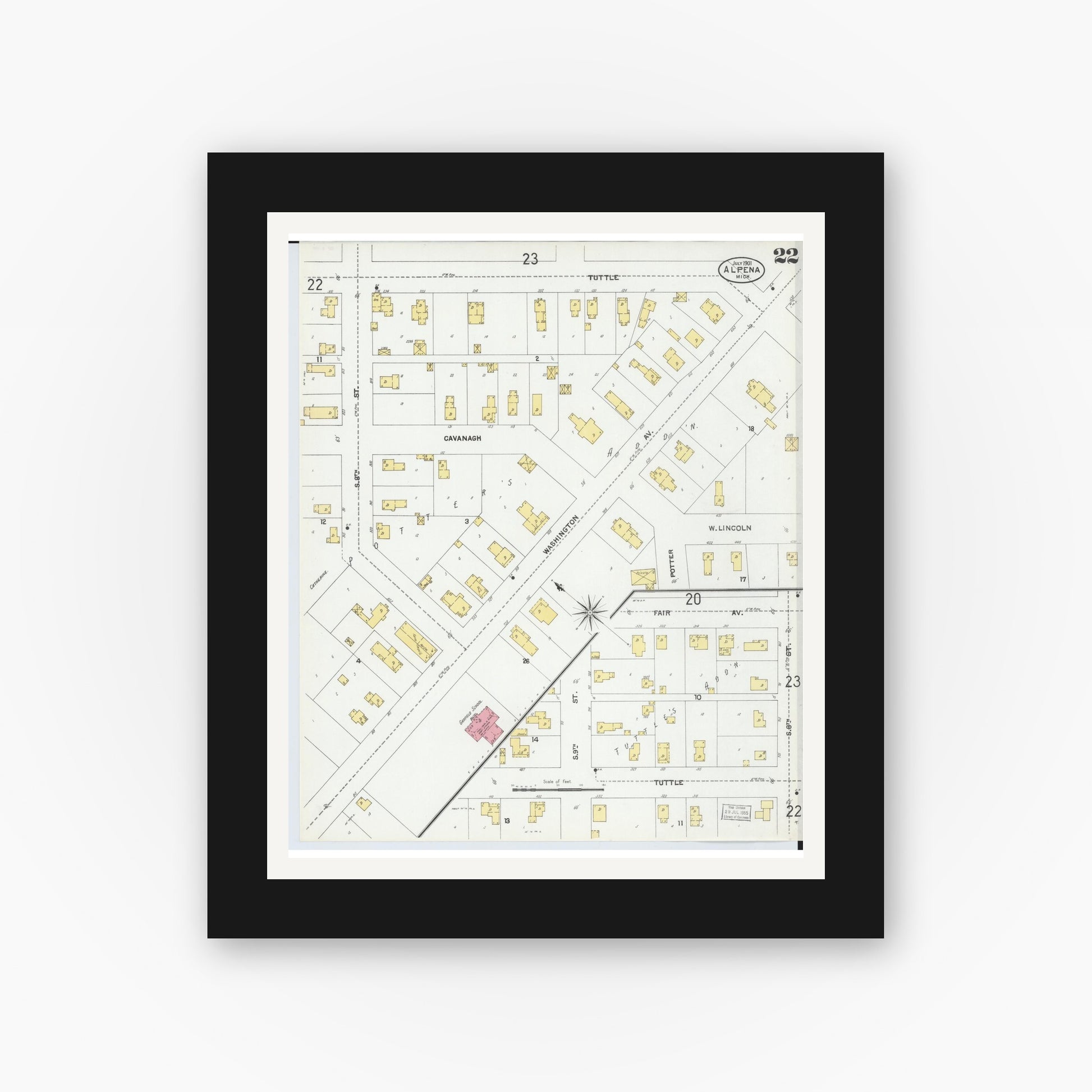 Old map wall art mockup — black gallery frame with white mat — Sanborn Fire Insurance Map from Alpena, Alpena County, Michigan (1901), Sheet #0022