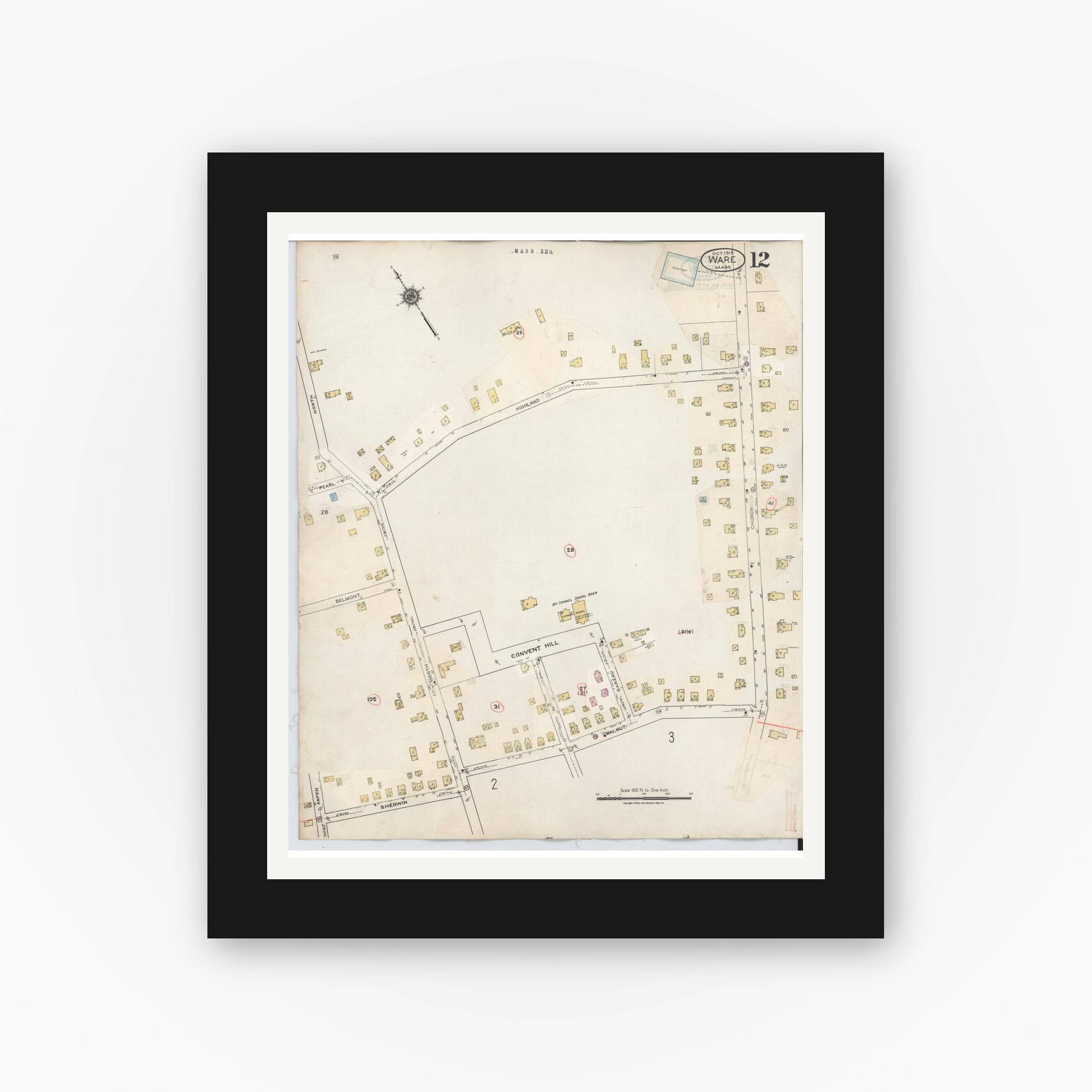Old map wall art mockup — black gallery frame with white mat — Sanborn Fire Insurance Map from Ware, Hampshire County, Massachusetts (1946), Sheet #0012