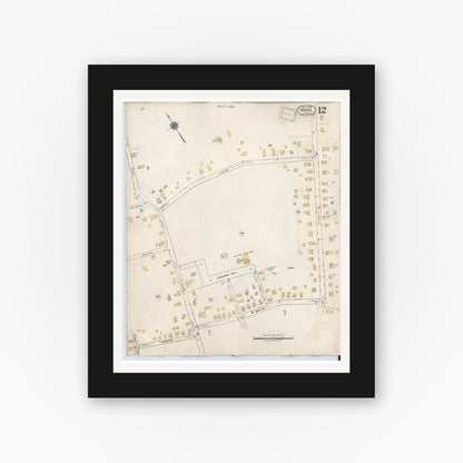 Old map wall art mockup — black gallery frame with white mat — Sanborn Fire Insurance Map from Ware, Hampshire County, Massachusetts (1946), Sheet #0012