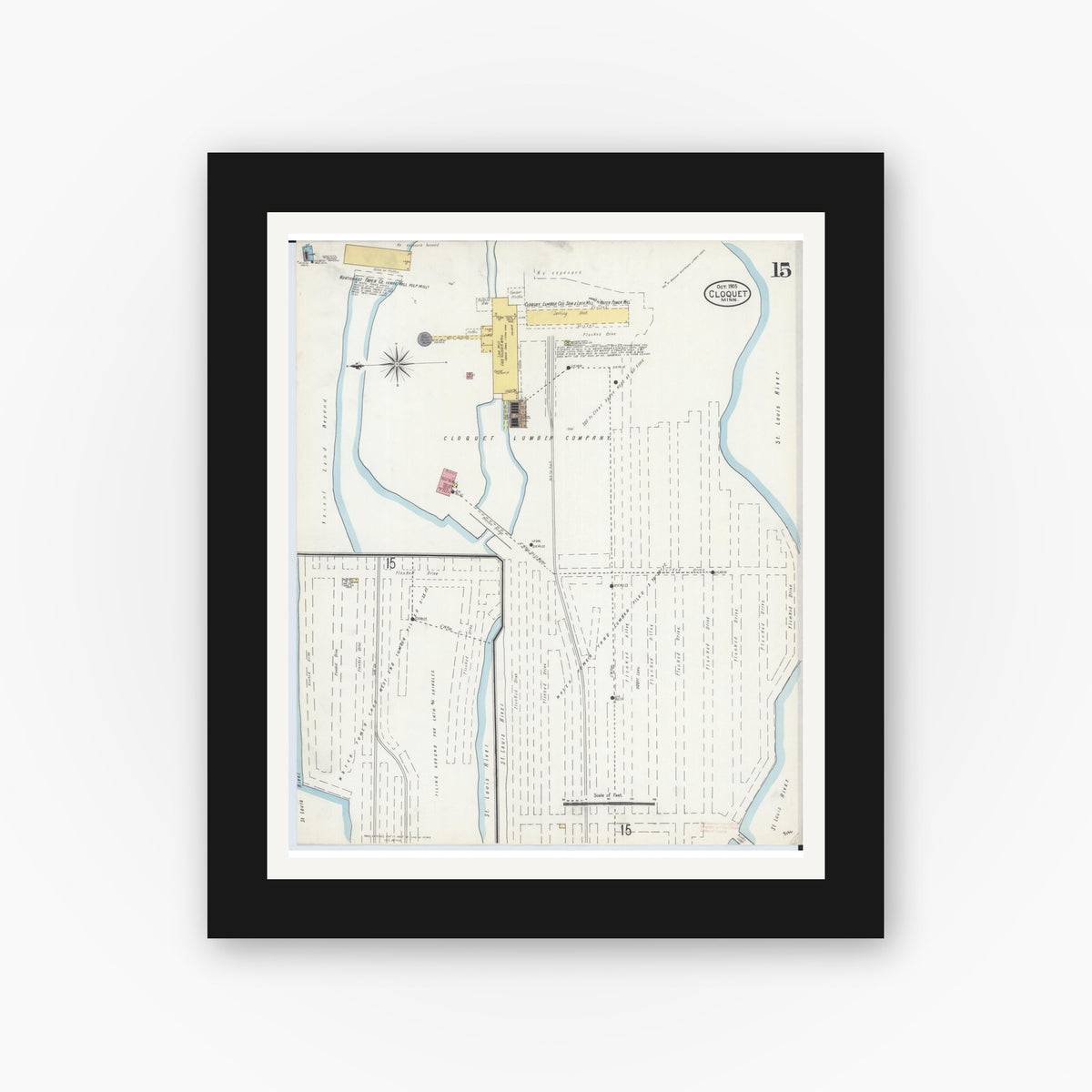 Old map wall art mockup — black gallery frame with white mat — Sanborn Fire Insurance Map from Cloquet, Carlton County, Minnesota (1905), Sheet #0015