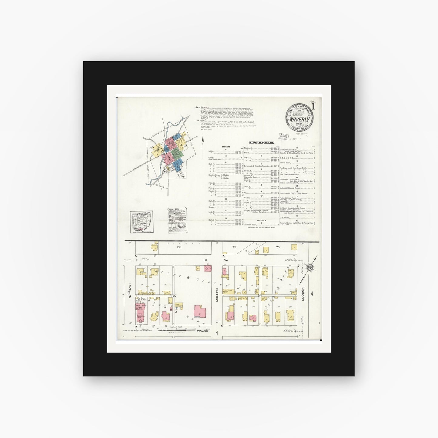 Old map wall art mockup — black gallery frame with white mat — Sanborn Fire Insurance Map from Waverly, Pike County, Ohio (1921), Sheet #0001