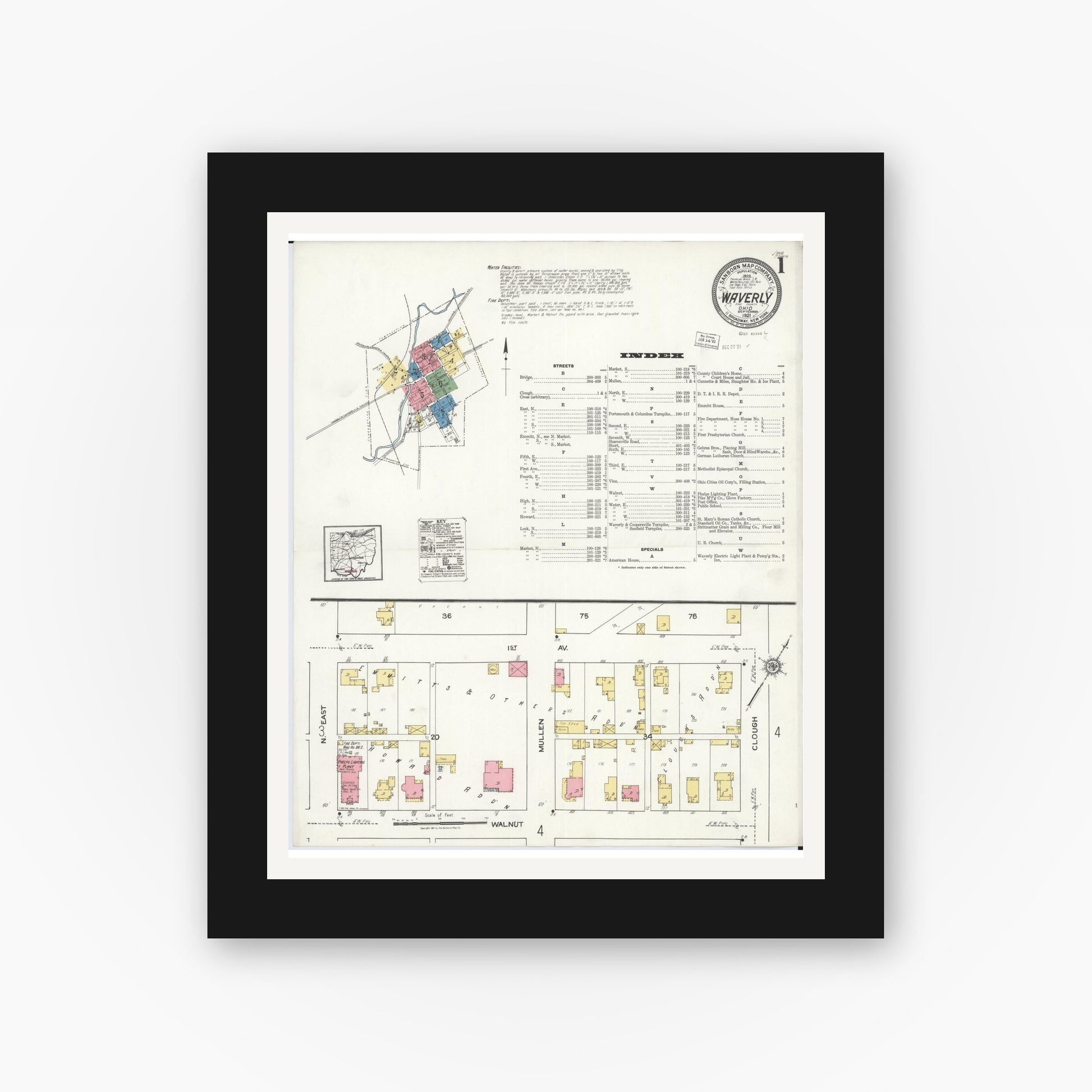 Old map wall art mockup — black gallery frame with white mat — Sanborn Fire Insurance Map from Waverly, Pike County, Ohio (1921), Sheet #0001