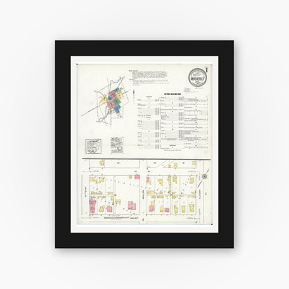 Old map wall art mockup — black gallery frame with white mat — Sanborn Fire Insurance Map from Waverly, Pike County, Ohio (1921), Sheet #0001