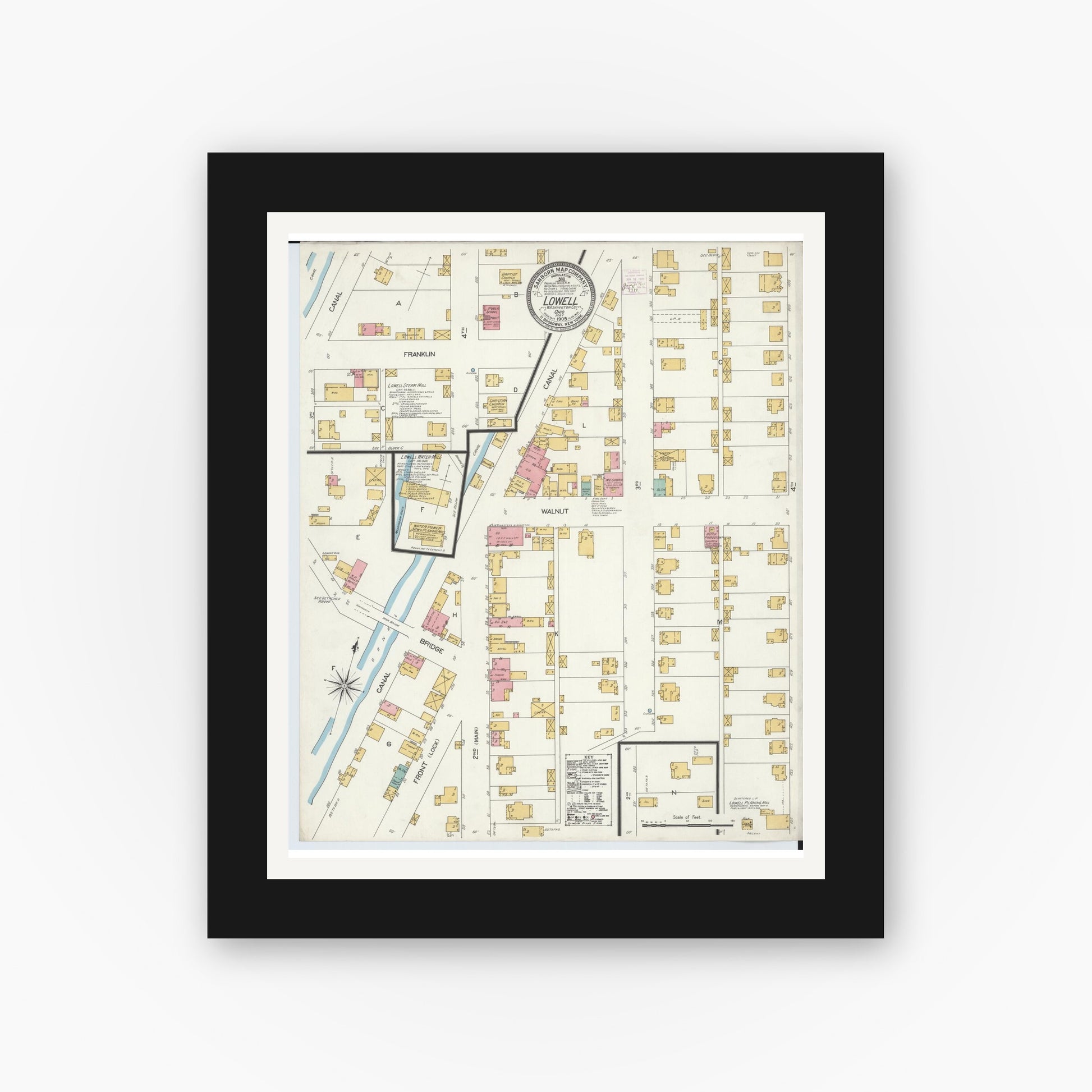Old map wall art mockup — black gallery frame with white mat — Sanborn Fire Insurance Map from Lowell, Washington County, Ohio (1905), Sheet #0001