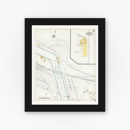 Old map wall art mockup — black gallery frame with white mat — Sanborn Fire Insurance Map from Michigan City, La Porte County, Indiana (1899), Sheet #0004