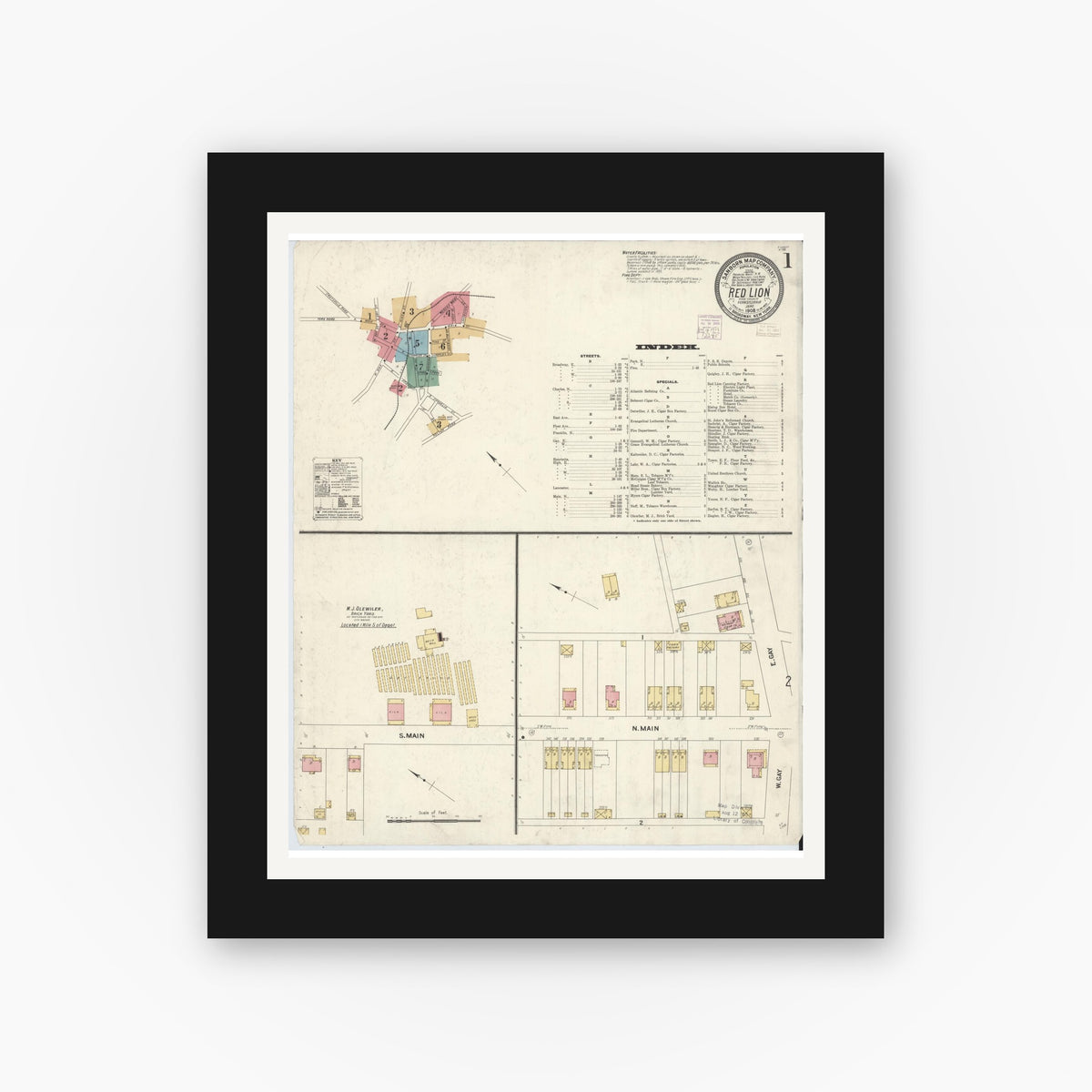 Old map wall art mockup — black gallery frame with white mat — Sanborn Fire Insurance Map from Red Lion, York County, Pennsylvania (1908), Sheet #0001