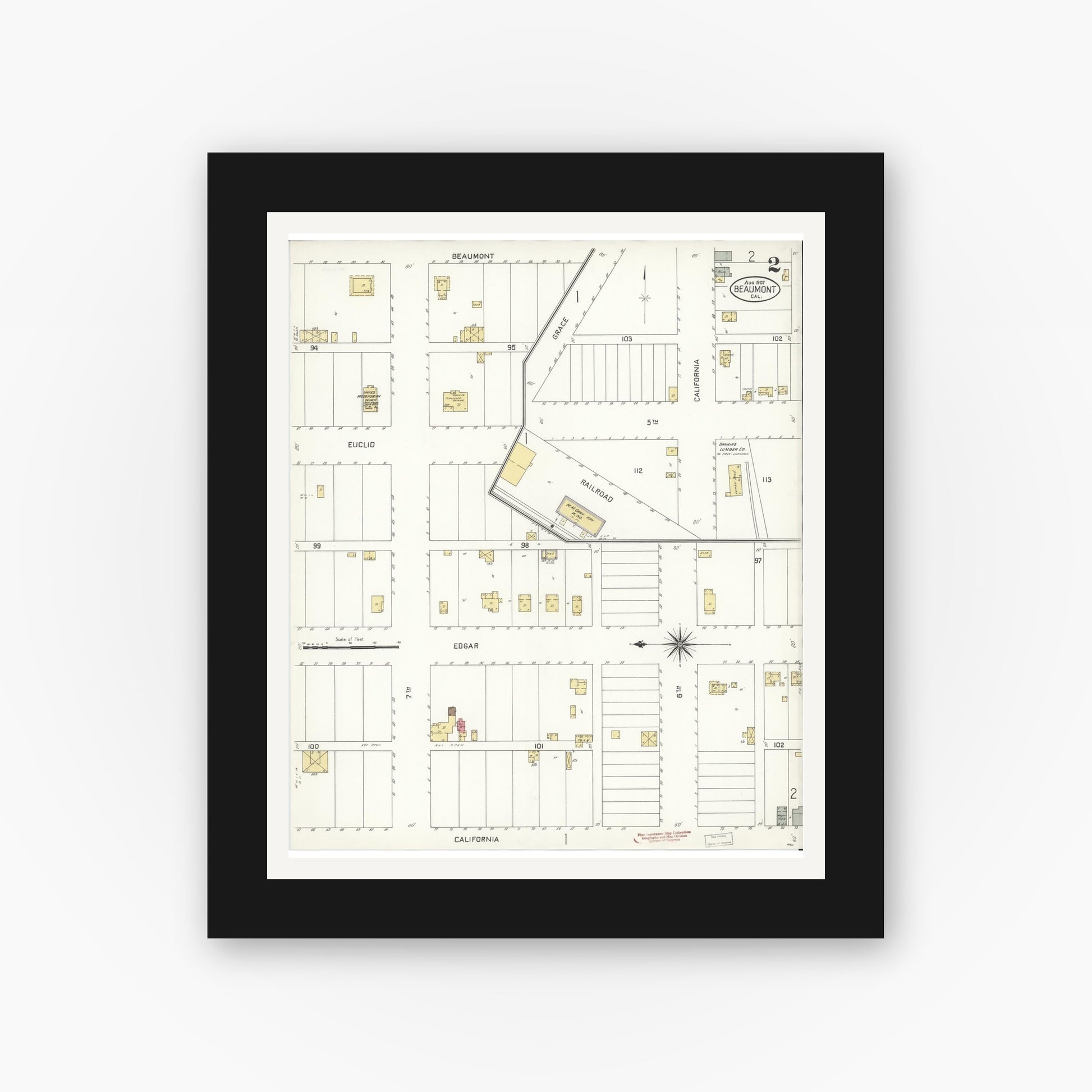 Old map wall art mockup — black gallery frame with white mat — Sanborn Fire Insurance Map from Beaumont, Riverside County, California (1907), Sheet #0002