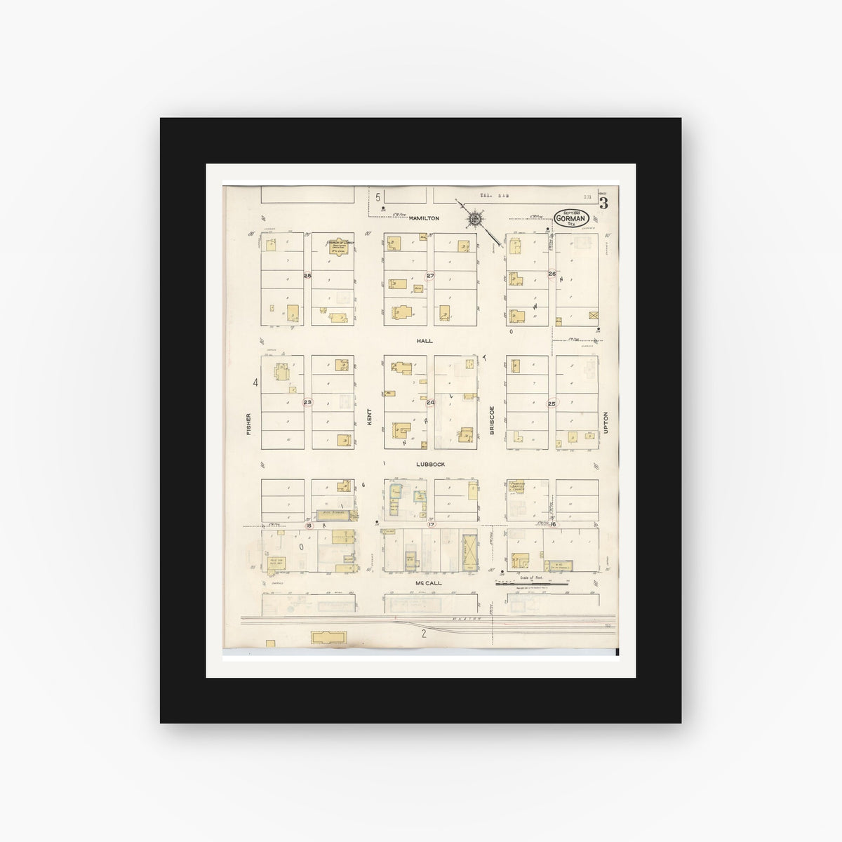 Old map wall art mockup — black gallery frame with white mat — Sanborn Fire Insurance Map from Gorman, Eastland County, Texas (1945), Sheet #0003