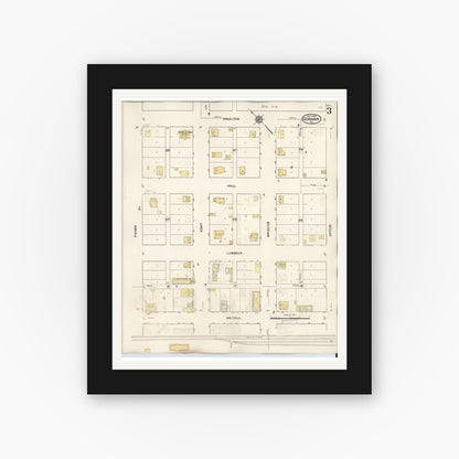 Old map wall art mockup — black gallery frame with white mat — Sanborn Fire Insurance Map from Gorman, Eastland County, Texas (1945), Sheet #0003