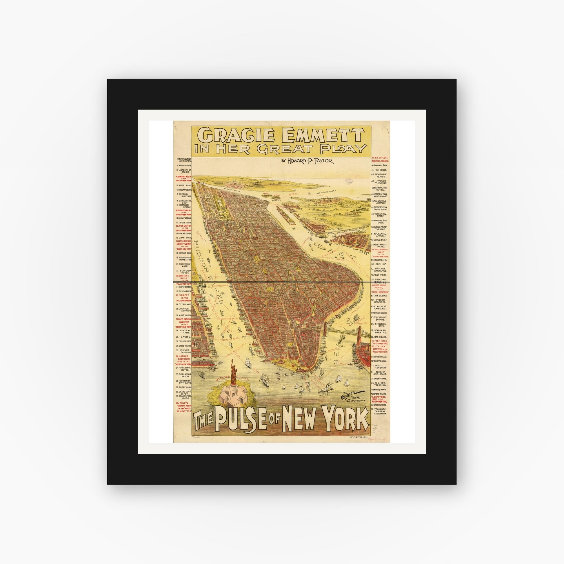 Old map wall art mockup — black gallery frame with white mat — Gracie Emmett in her great play the Pulse of New York. (1891)