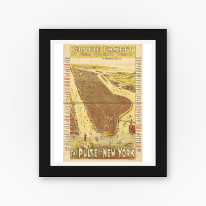 Old map wall art mockup — black gallery frame with white mat — Gracie Emmett in her great play the Pulse of New York. (1891)