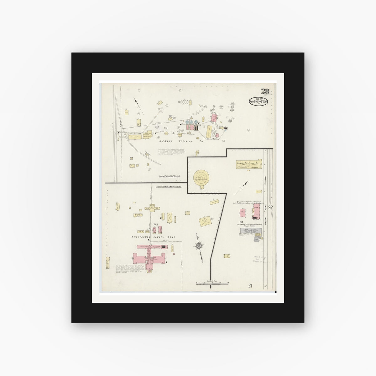 Old map wall art mockup — black gallery frame with white mat — Sanborn Fire Insurance Map from Washington, Washington County, Pennsylvania (1914), Sheet #0028