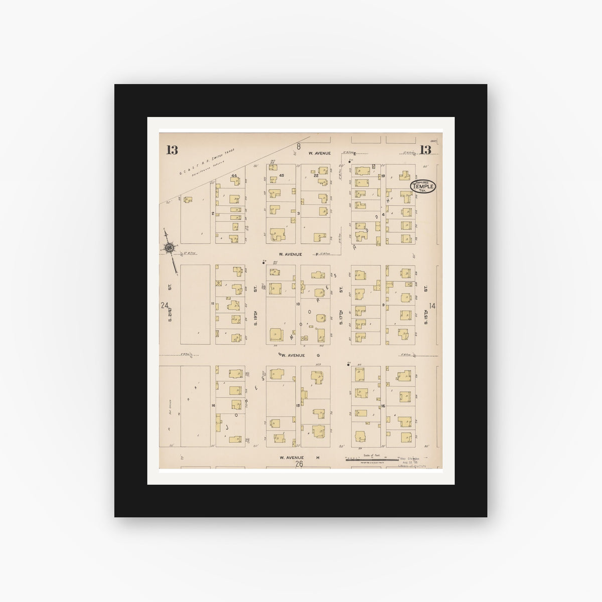 Old map wall art mockup — black gallery frame with white mat — Sanborn Fire Insurance Map from Temple, Bell County, Texas (1922), Sheet #0013