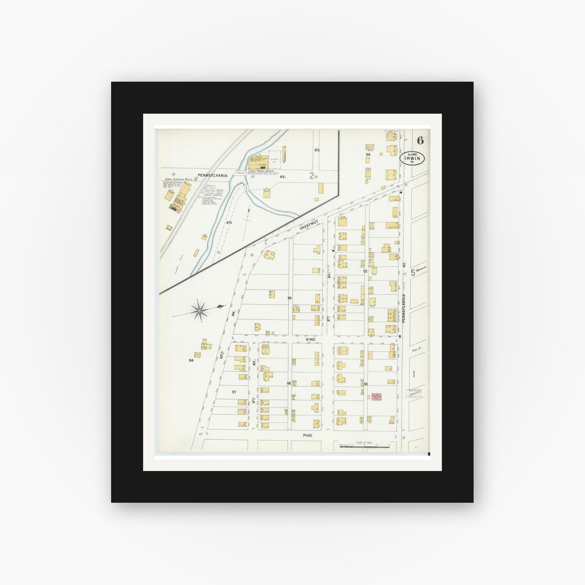 Old map wall art mockup — black gallery frame with white mat — Sanborn Fire Insurance Map from Irwin, Westmoreland County, Pennsylvania (1899), Sheet #0006