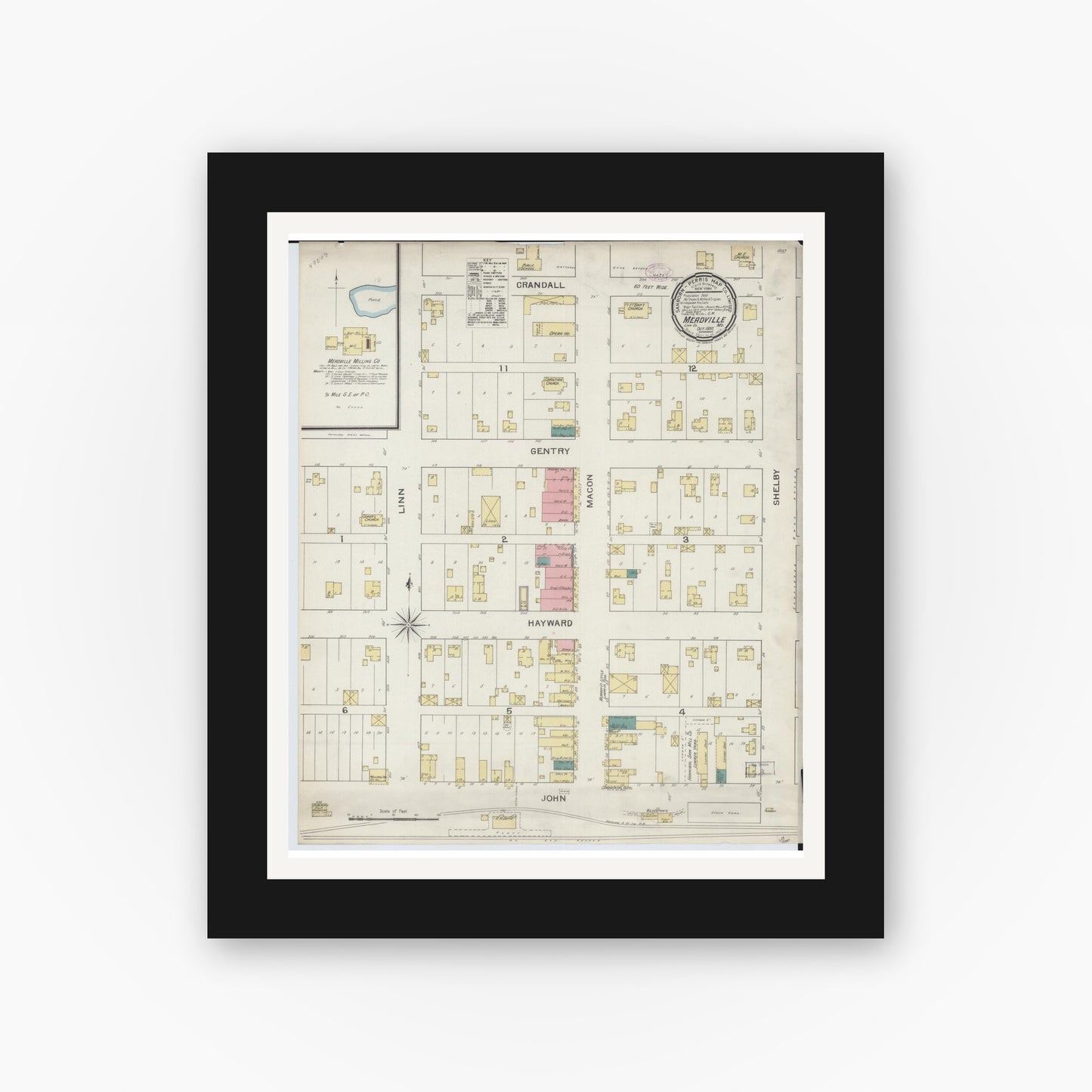 Old map wall art mockup — black gallery frame with white mat — Sanborn Fire Insurance Map from Meadville, Linn County, Missouri (1893), Sheet #0001