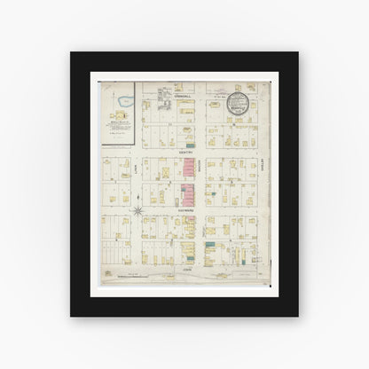 Old map wall art mockup — black gallery frame with white mat — Sanborn Fire Insurance Map from Meadville, Linn County, Missouri (1893), Sheet #0001