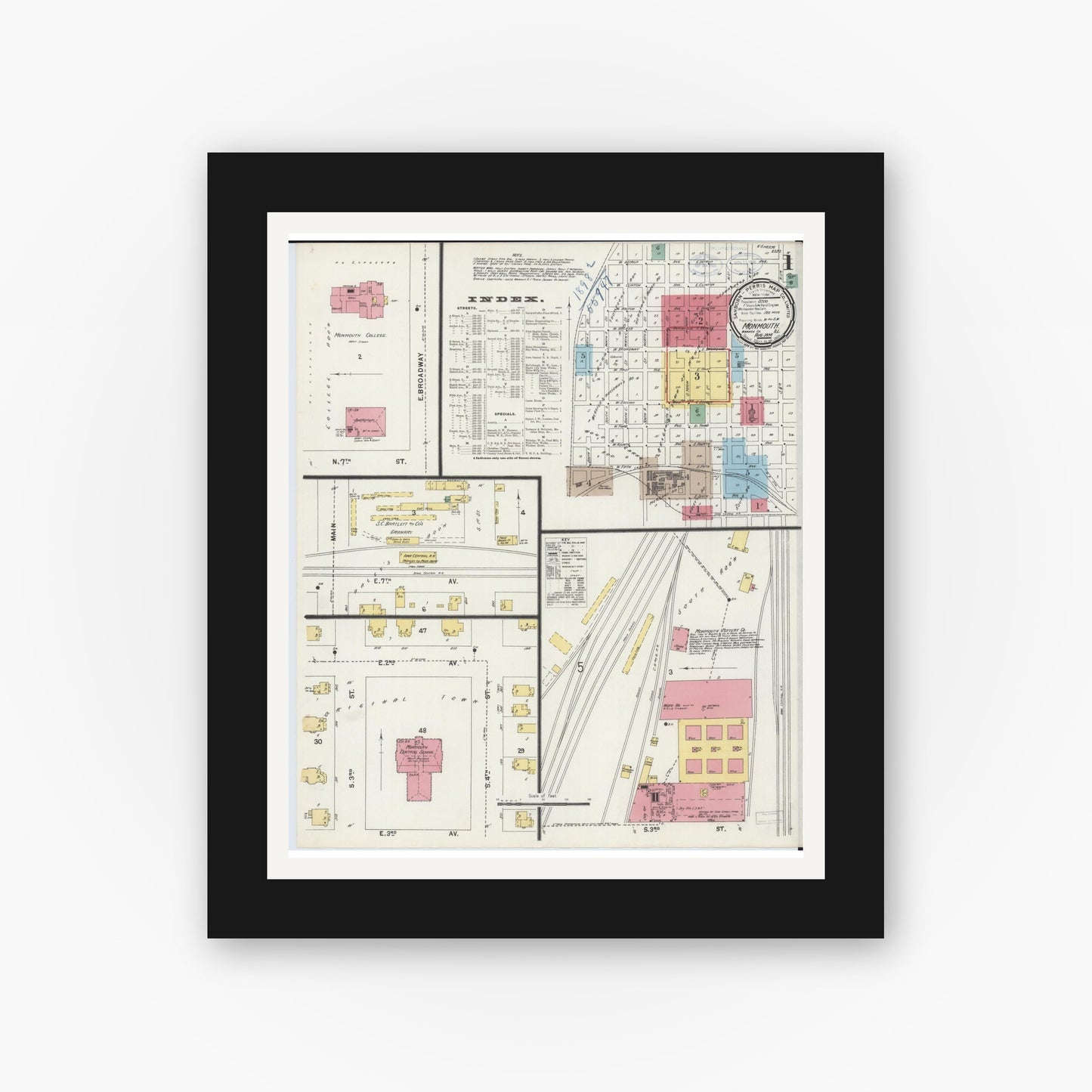 Old map wall art mockup — black gallery frame with white mat — Sanborn Fire Insurance Map from Monmouth, Warren County, Illinois (1898) - Complete Map Set