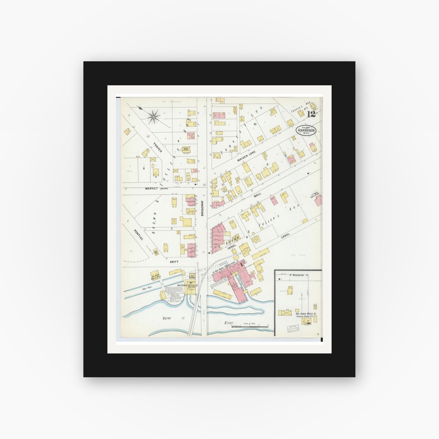 Old map wall art mockup — black gallery frame with white mat — Sanborn Fire Insurance Map from Ann Arbor, Washtenaw County, Michigan (1899), Sheet #0012