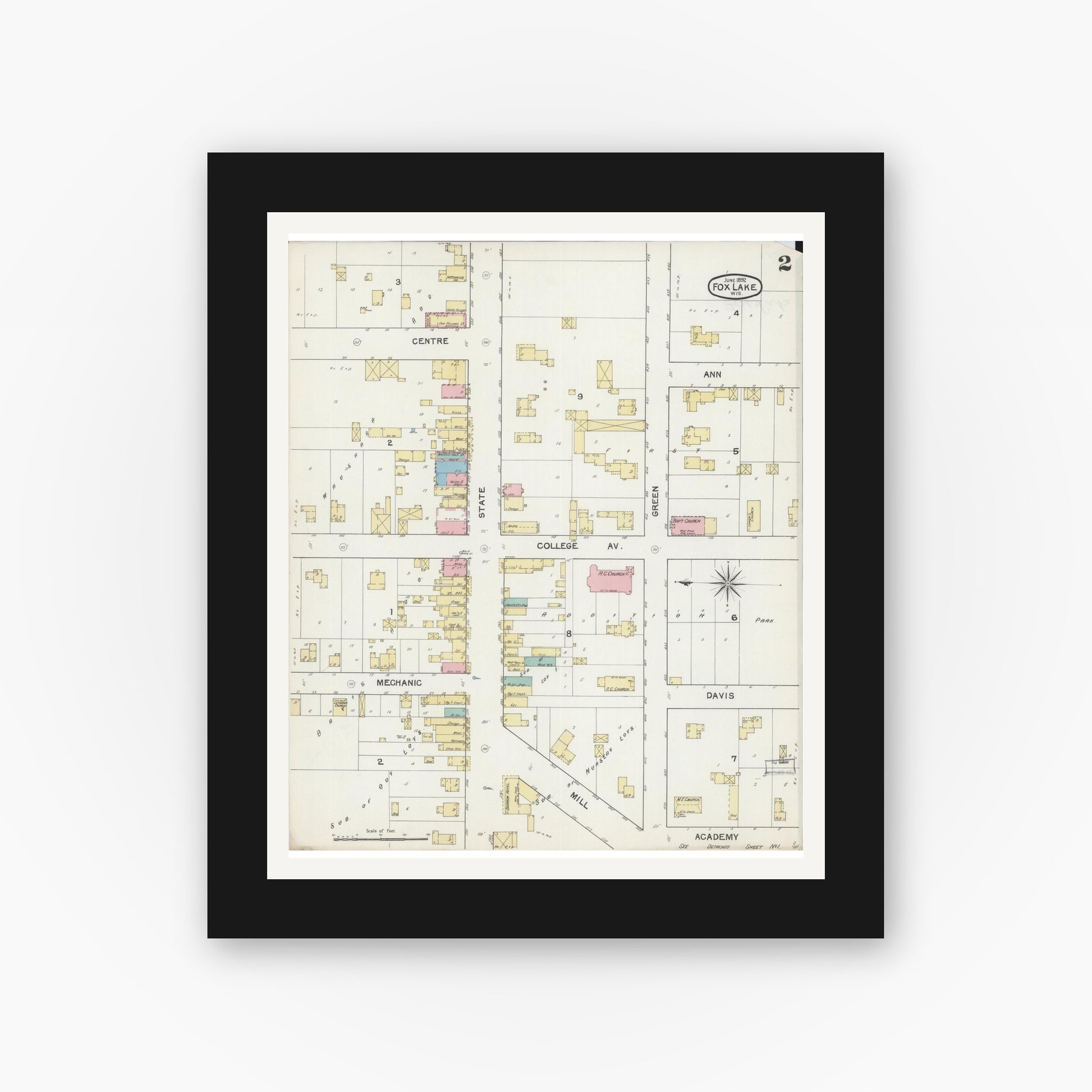 Old map wall art mockup — black gallery frame with white mat — Sanborn Fire Insurance Map from Fox Lake, Dodge County, Wisconsin (1892), Sheet #0002