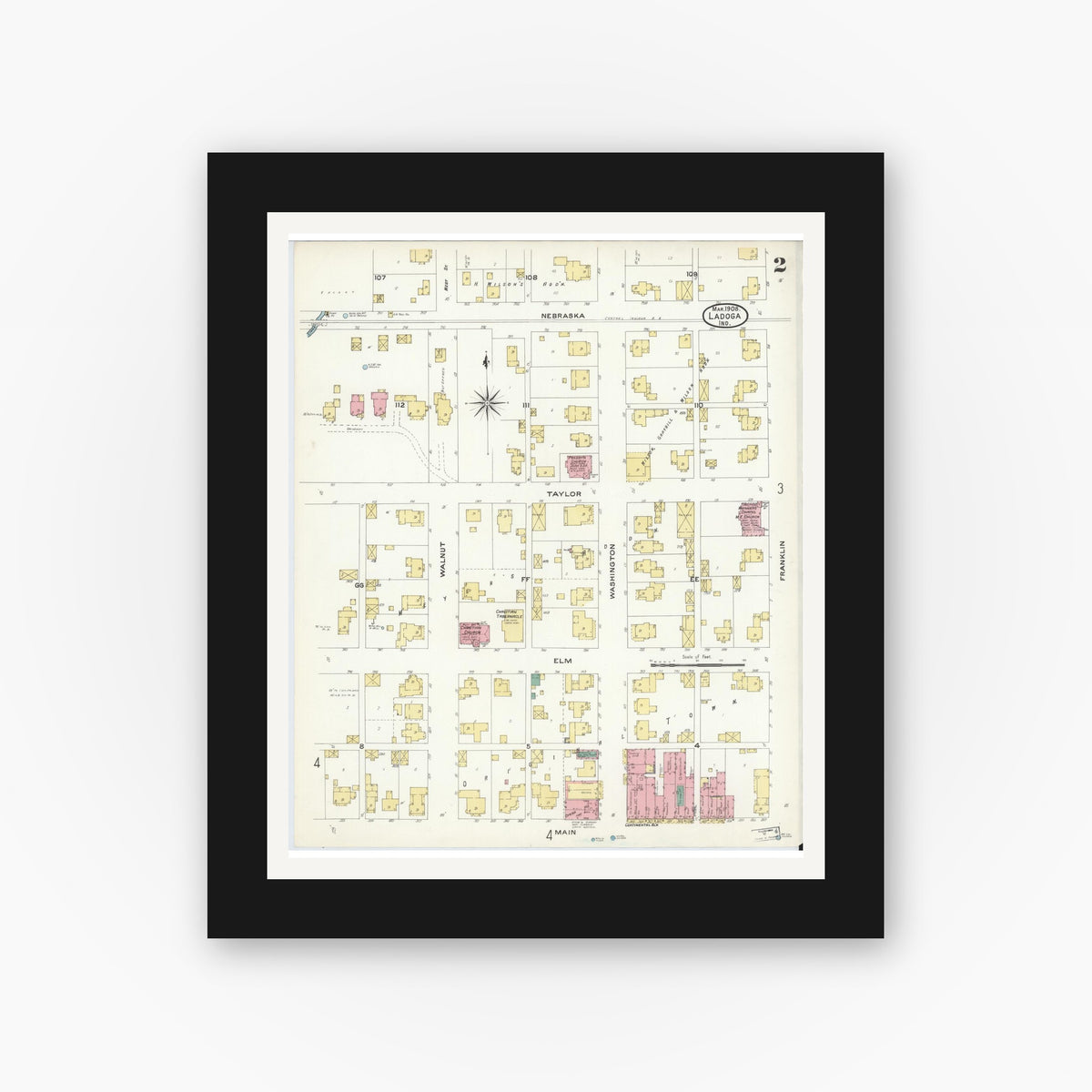 Old map wall art mockup — black gallery frame with white mat — Sanborn Fire Insurance Map from Ladoga, Montgomery County, Indiana (1908), Sheet #0002