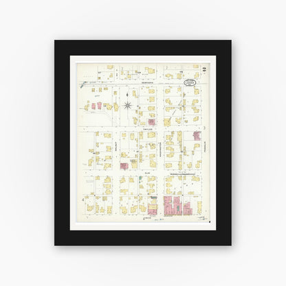 Old map wall art mockup — black gallery frame with white mat — Sanborn Fire Insurance Map from Ladoga, Montgomery County, Indiana (1908), Sheet #0002