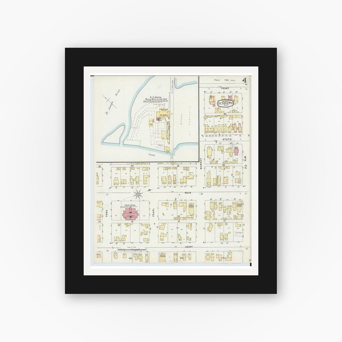 Old map wall art mockup — black gallery frame with white mat — Sanborn Fire Insurance Map from Saint Joseph, Berrien County, Michigan (1896), Sheet #0004