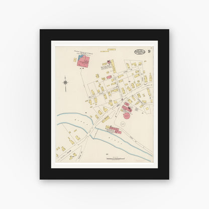 Old map wall art mockup — black gallery frame with white mat — Sanborn Fire Insurance Map from Greenfield, Franklin County, Massachusetts (1922), Sheet #0009