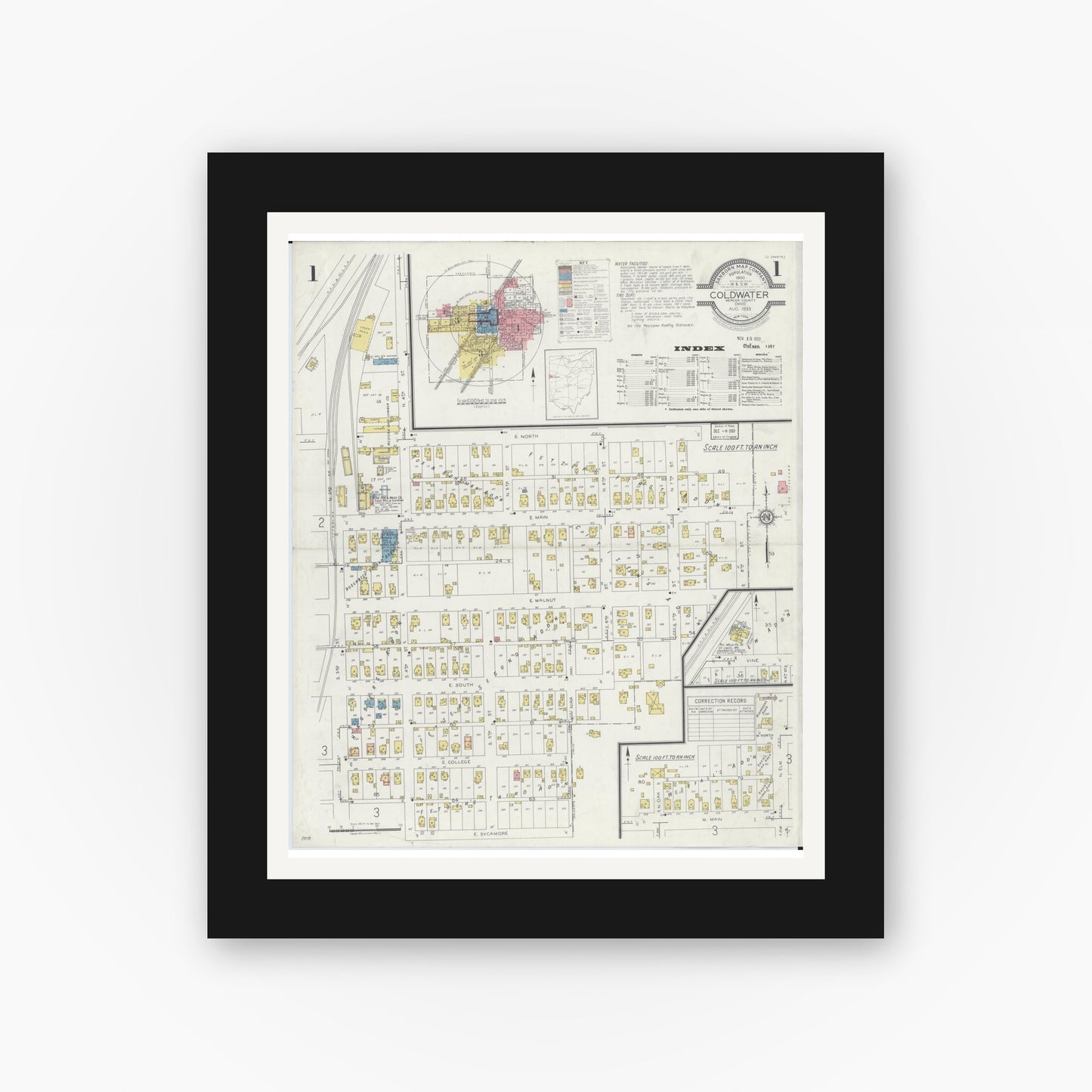 Old map wall art mockup — black gallery frame with white mat — Sanborn Fire Insurance Map from Cold Water, Mercer County, Ohio (1933) - Complete Map Set