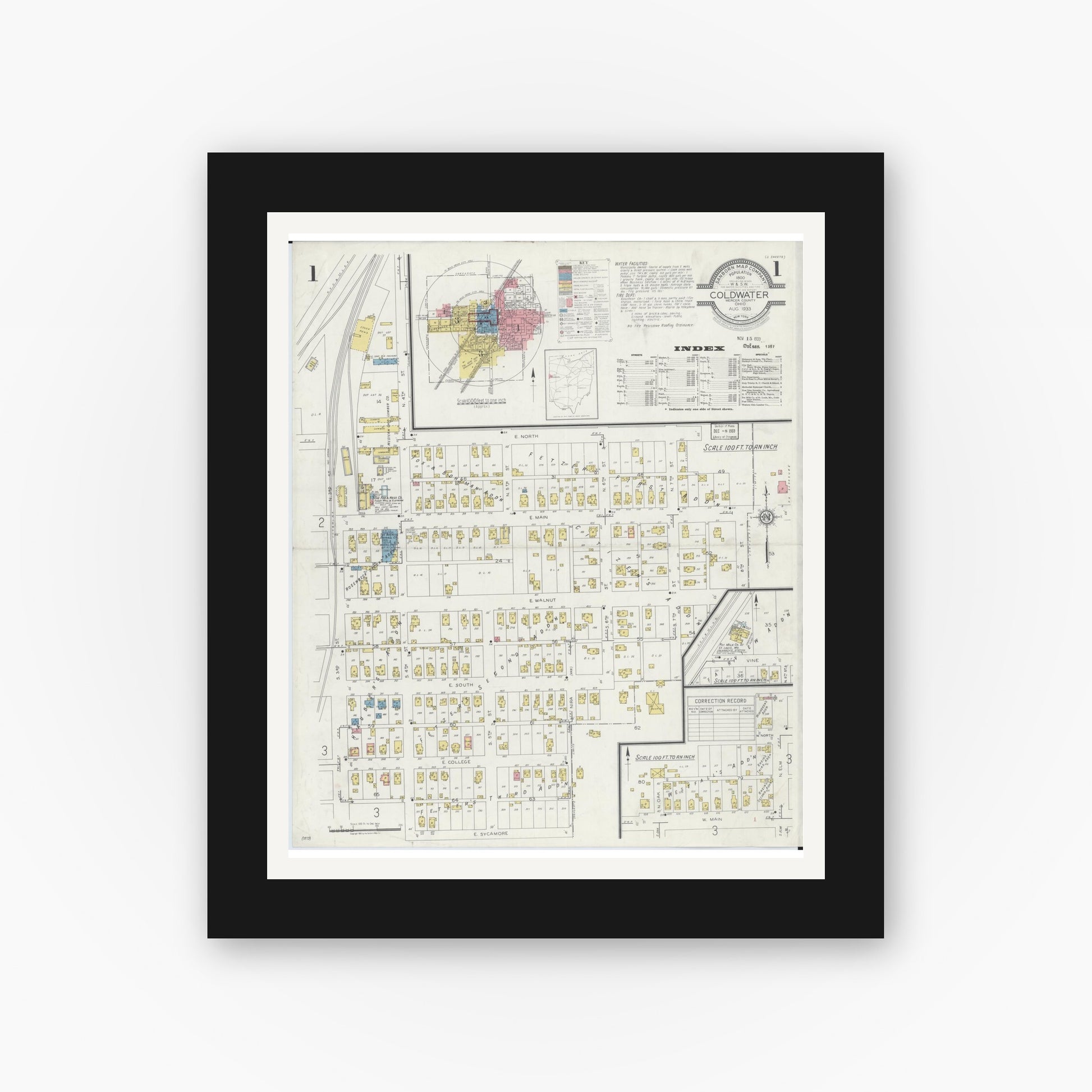 Old map wall art mockup — black gallery frame with white mat — Sanborn Fire Insurance Map from Cold Water, Mercer County, Ohio (1933) - Complete Map Set
