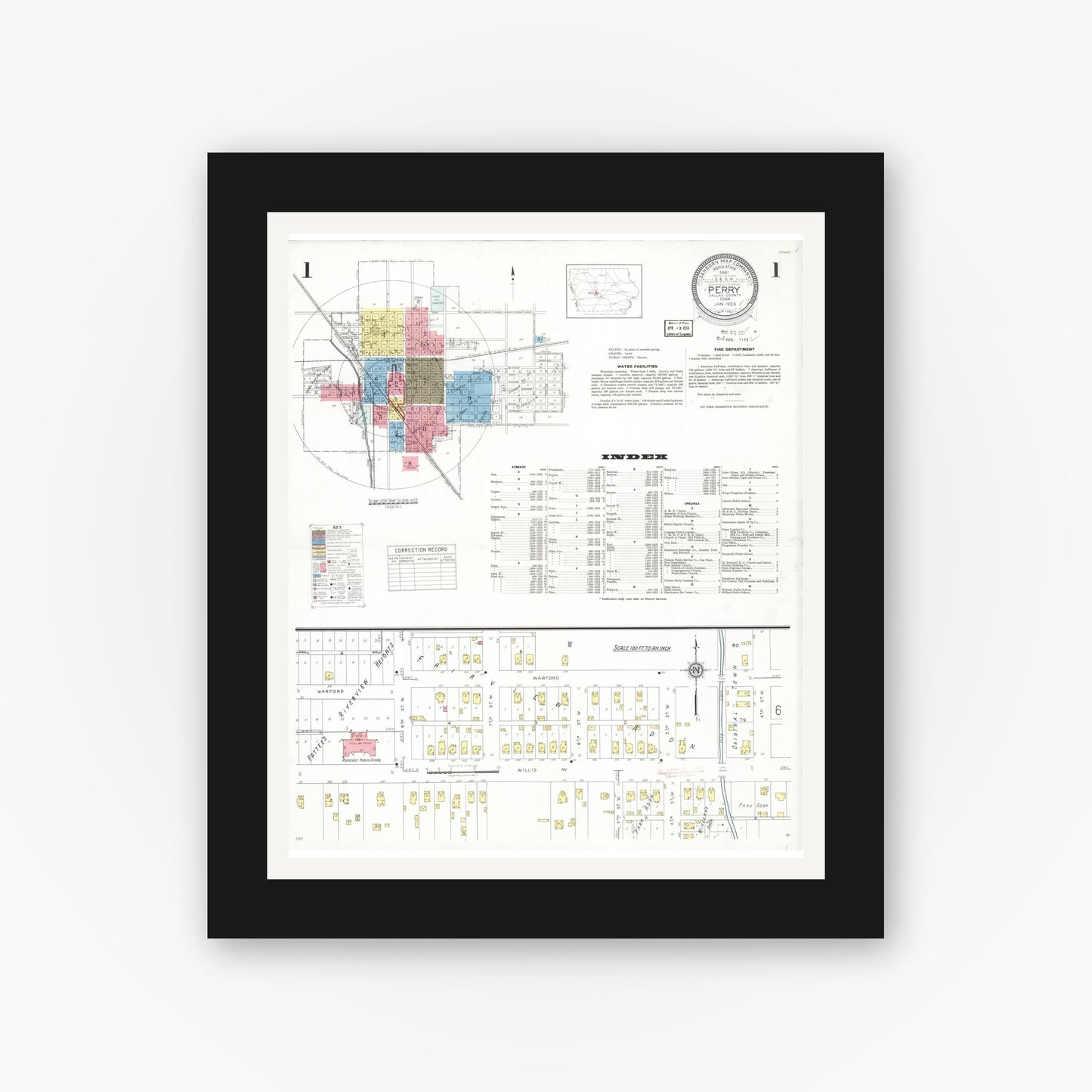 Old map wall art mockup — black gallery frame with white mat — Sanborn Fire Insurance Map from Perry, Dallas County, Iowa (1933) â€” Complete Set