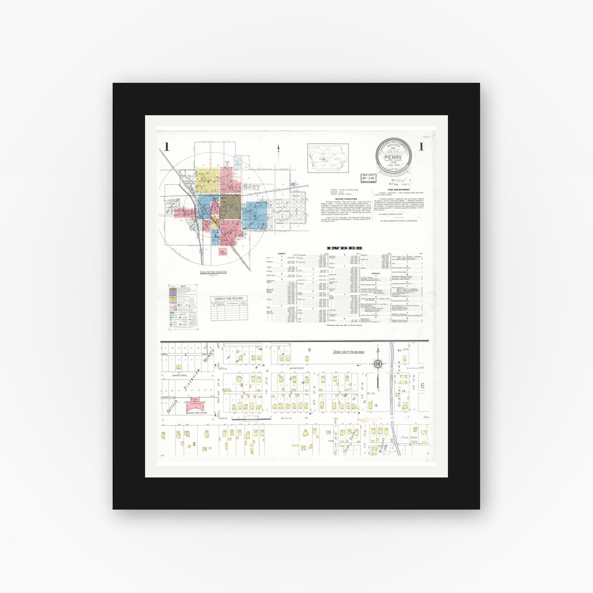 Old map wall art mockup — black gallery frame with white mat — Sanborn Fire Insurance Map from Perry, Dallas County, Iowa (1933) â€” Complete Set