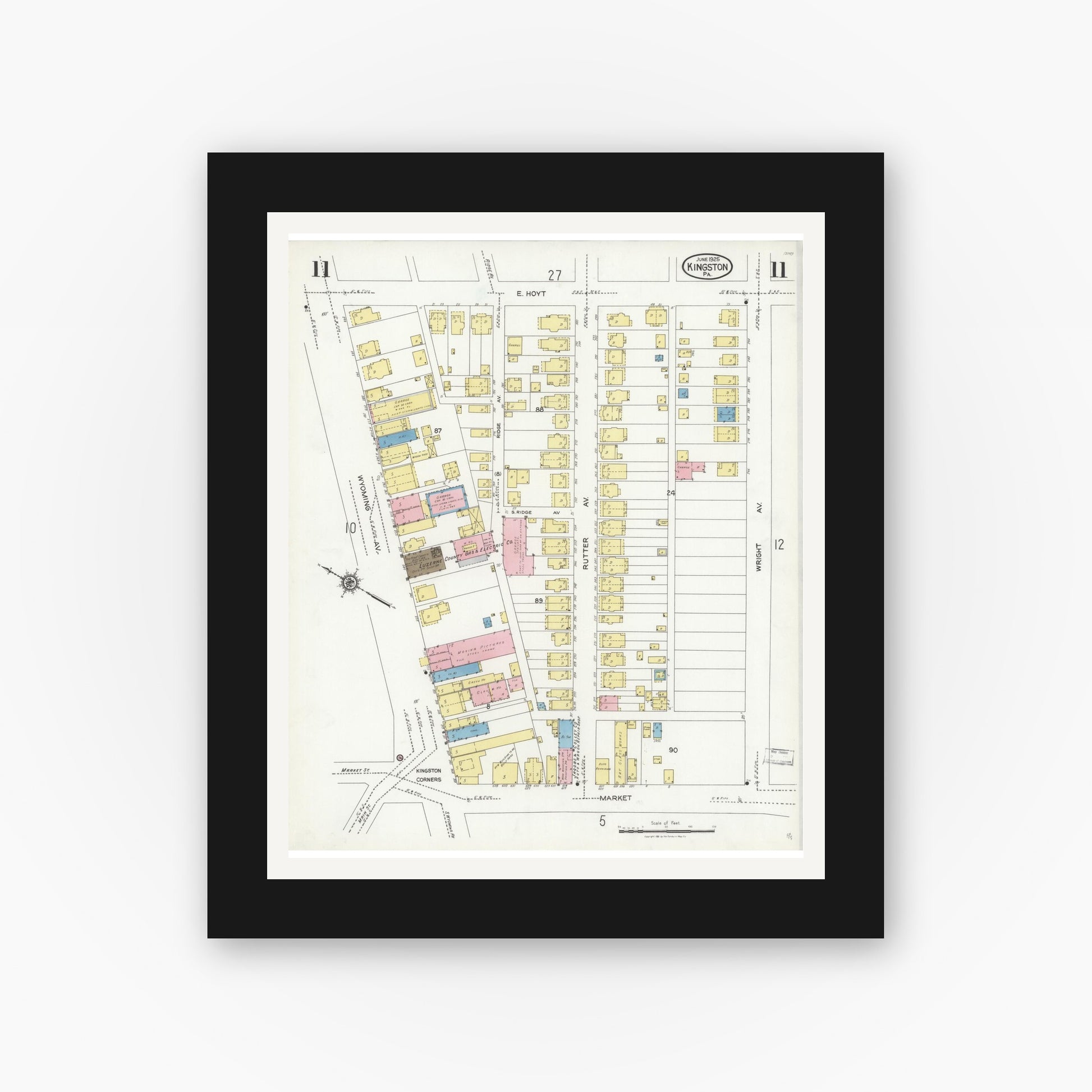 Old map wall art mockup — black gallery frame with white mat — Sanborn Fire Insurance Map from Kingston, Luzerne County, Pennsylvania (1925), Sheet #0011