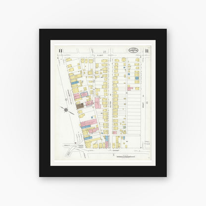 Old map wall art mockup — black gallery frame with white mat — Sanborn Fire Insurance Map from Kingston, Luzerne County, Pennsylvania (1925), Sheet #0011